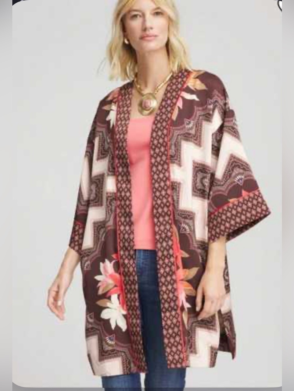 Chico's Y2K Tessa Scarf Long Kimono in Cacao Print